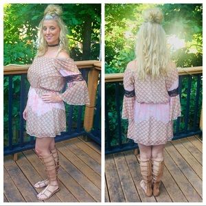 Cold shoulder peach & black crochet dress